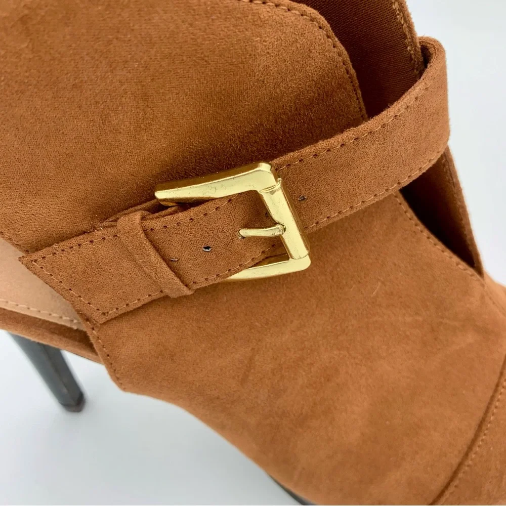Brash Brown Tan Sandals Women Sz 9 Faux Suede Peep Toe‎ 4” Stiletto Platform EUC